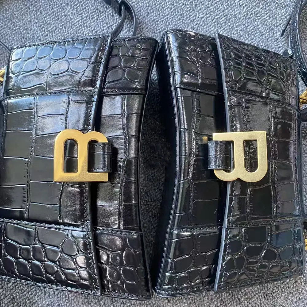 Comparison of Balenciaga Hourglass Handbag Exterior Details Authentic vs. Replica